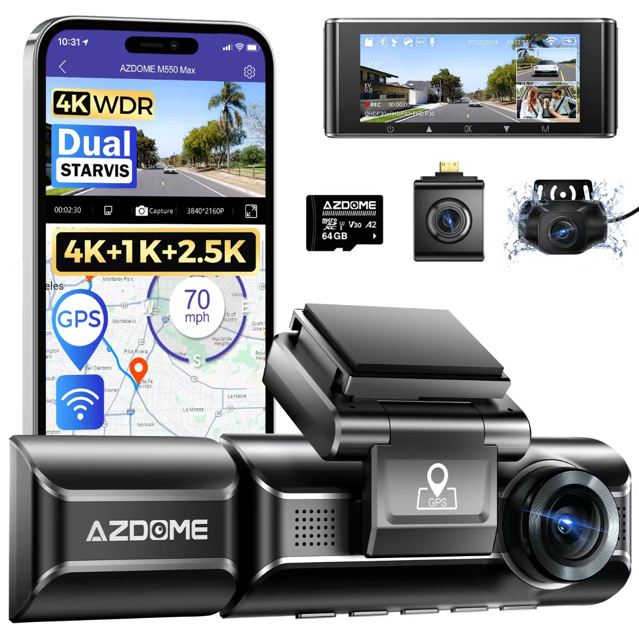Triple Lens Car Dash Camera with WiFi GPS 4K Recording